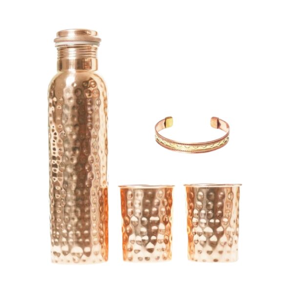 Zestaw HAMMERED: Butelka miedziana 950 ml plus 2 kubki 250 ml zestaw młoteczkowany + bransoletka gratis Orient